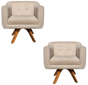 Kit 02 Poltronas GiratĂłria Julia Suede Base Madeira MM30 D'Rossi - Bege