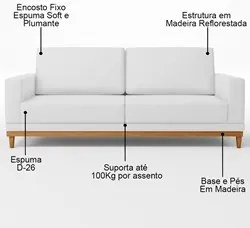 Sofá Living 180cm 3 Lugares Kayrós D05 Sintético Branco - Mpozenato