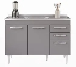 Balcão Gabinete com Pia Inox 120cm 3 Portas 2 Gavetas Suécia Cinza - L