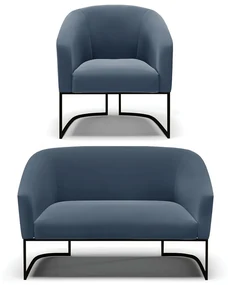 Sofá Namoradeira e Poltrona Base Industrial Preto Stella Suede D03 - D'Rossi - Azul Marinho