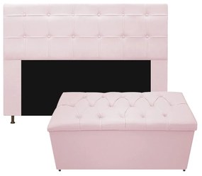 Kit Cabeceira e Calçadeira Baú Estofada Mel 140 cm Casal Com Capitonê Corano Rosa Bebê - ADJ Decor