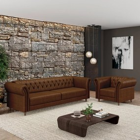 Conjunto Sala de Estar 1 Sofá Living 220cm e 1 Poltrona Stanford Chesterfield Pés Madeira Couro Marrom Manchado G58 - Gran Belo