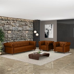 Conjunto Sala de Estar 1 Sofá Living 240cm e 2 Poltronas Stanford Chesterfield Pés Madeira Couro Caramelo G58 - Gran Belo