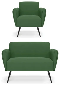Sofá Namoradeira com Poltrona Pés Palito de Ferro Bruna Suede - D'Rossi - Verde