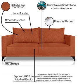 Sofá Living 2 Lugares com Pés de Ferro Almofadas Soltas 200cm Neso Bouclê Terracota G63 - Gran belo