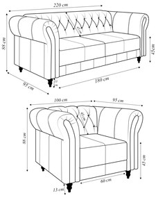 Conjunto Sala de Estar 1 Sofá Living 220cm e 1 Poltrona Stanford Chesterfield Pés Madeira Couro Wine Vinho G58 - Gran Belo