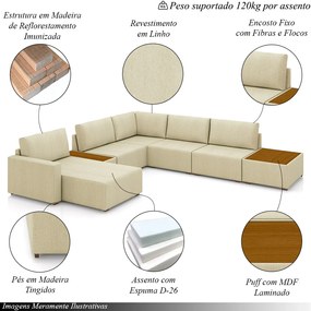 Sofá de Canto Decorativo Sala de Estar 603cm Modulado Takashi com Chaise e Puffs Linho Bege G45 - Gran Belo