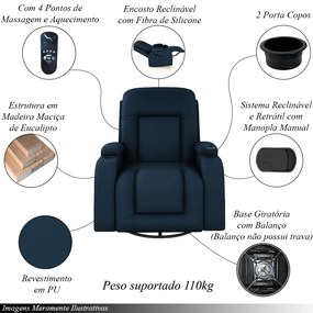 Poltrona do Papai Reclinável Giratória e Balanço Sala de Cinema Crihs com Massagem e Aquecimento PU Azul G23 - Gran Belo