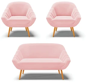 Kit 01 Namoradeira 02 Lugares e 02 Poltronas Giovana Suede Pés Palito Castanho - D'Rossi - Rosa Bebê
