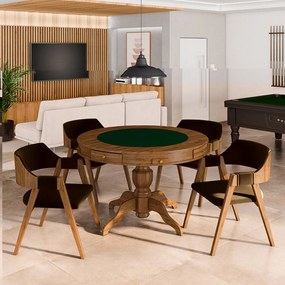 Conjunto Mesa de Jogos Carteado Bellagio Tampo Reversível e 4 Cadeiras Madeira Poker Base Estrela Veludo Marrom/Nogueira G42 - Gran Belo