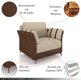 Conjunto Poltrona e Sofá Decorativo Violet 2 Lugares 164cm Pés em Alumínio Preto Linho Bege Claro/Marrom G45 - Gran Belo