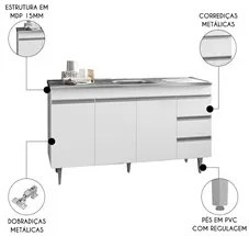 Balcão de Cozinha Com Pia Inox 160cm 3 Gavetas Andréia Branco - AJL Mó