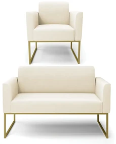 Sofá Namoradeira com Poltrona Base Industrial Dourado Marisa Veludo D03 - D'Rossi - Bege