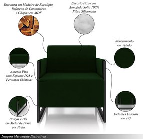 Kit 2 Poltronas Decorativa Sala de Estar Moria Base em Ferro Veludo Preto/Verde G33 - Gran Belo