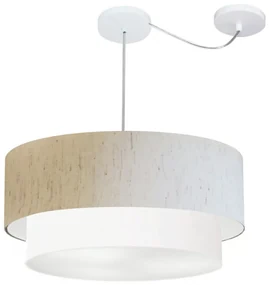 Lustre Pendente Cilíndrico Com Desvio Linho Bege e Branco MJ-4367 Para Mesa de Jantar e Estar