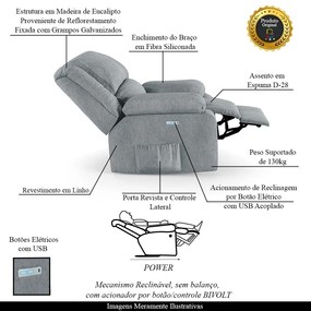 Poltrona do Papai Reclinável Melim Elétrica LED Linho Cinza FH1 - D'Rossi