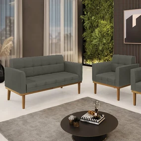 Conjunto Poltrona e Namoradeira Decorativas Karen Pés Fixo em Madeira Castanho Linho Cinza Mesclado G19 - Gran Belo