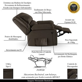 Poltrona do Papai Reclinável Melim Elétrica LED Massagem PU Marrom FH1 - D'Rossi