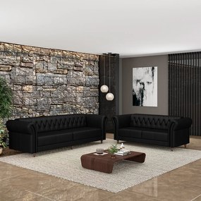 Conjunto de Sofá Sala de Estar Stanford Chesterfield 2 e 3 Lugares 180cm/240cm Pés Madeira Couro Preto Brilho G58 - Gran Belo