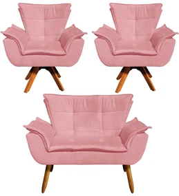 Sofá Namoradeira e 2 Poltronas Giratória MM30 Opala Suede D03 - D'Rossi - Rose