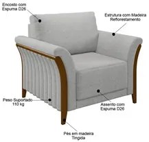 Poltrona Decorativa Sala de Estar 102cm Pés Madeira Roya M22 Linho Cin