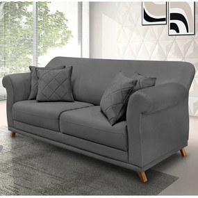 Sofá 3 Lugares Pé de Madeira Julieta 200 cm Suede Cinza S04 - D'Rossi