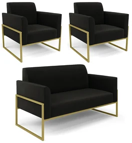 Sofá Namoradeira com 2 Poltronas Base Industrial Alta Dourado Marisa Suede Preto D03 - D'Rossi