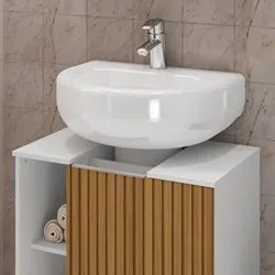 Gabinete Para Banheiro 55cm 1 Porta Com Rodízios Pequin Branco/Ripado