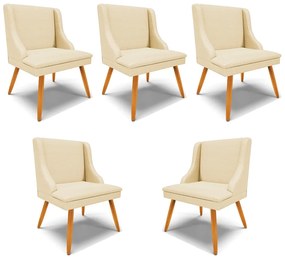 Kit 5 Cadeiras Decorativas Sala de Jantar Pés Palito de Madeira Firenze Veludo Luxo OffWhite/Natural G19 - Gran Belo