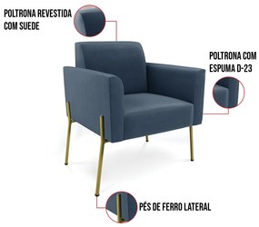 Poltrona Pé de Ferro Dourado Decorativa Marisa Suede D03 - D'Rossi - Azul Marinho