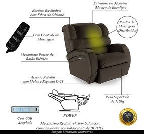 Poltrona do Papai Sala de Cinema Reclinável Kylie Elétrica Botão com Led Massagem USB PU Marrom G23