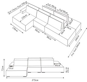 Sofá Ilha com Encosto e Almofadas Delta 375cm Modulado Chaise e Puffs Veludo Cinza G52 - Gran Belo