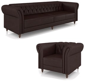 Conjunto Sala de Estar 1 Sofá Living 260cm e 1 Poltrona Stanford Chesterfield Pés Madeira Couro Wine Vinho G58 - Gran Belo