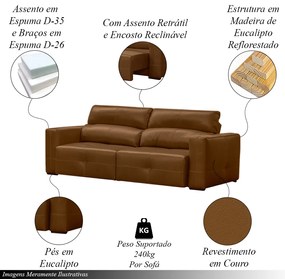 Sofá Decorativo Monica 3 Lugares Sala de estar 252cm Reclinável e Retrátil Couro Caramelo Brilho G40 - Gran Belo