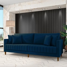 Sofá Living Decorativo Hamburgo 2 Lugares 196cm com Almofadas Pés em Madeira Veludo Azul G33 - Gran Belo