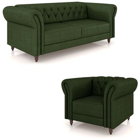 Conjunto Sala de Estar 1 Sofá Living 200cm e 1 Poltrona Stanford Chesterfield Pés Madeira Couro Verde Manchado G58 - Gran Belo