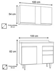 Armário Aéreo Indiana e Balcão Gabinete 100cm Luziania Castanho/Preto