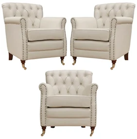 Kit 03 Poltronas Decorativas Sala de Estar Níger Pés Príncipe Couro Off White G58 - Gran Belo