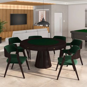 Conjunto Mesa de Jogos Carteado Bellagio Tampo Reversível e 6 Cadeiras Madeira Poker Base Cone Veludo Verde/Tabaco G42 - Gran Belo