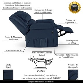 Poltrona do Papai Reclinável Melim Elétrica LED Massagem PU Azul FH1 - D'Rossi