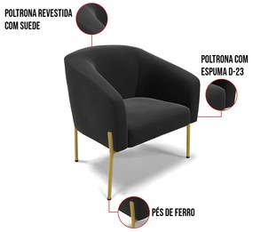 Cadeira Sala de Jantar Pé de Ferro Dourado kit 2 Stella Suede D03 - D'Rossi - Preto