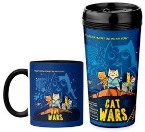 Kit Copo Viagem e Caneca Cat Wars Azul