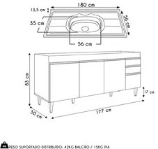 Balcão de Cozinha Com Pia Inox 180cm 4 Portas Dallas Cinza Claro - Lum