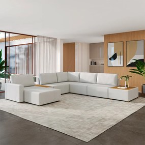 Sofá de Canto Decorativo Sala de Estar 715cm Modulado Takashi com Chaise e Puffs Linho Off White G45 - Gran Belo