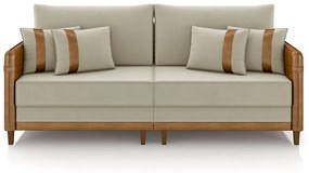 Sofá Living Montecarlo 3 Lugares Bipartido 252cm Pés em Madeira Veludo/PU Bege/Caramelo G33 - Gran Belo