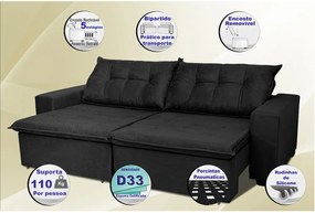 Sofá Austrália 3,12m Retrátil, Reclinável, Molas e Pillow no Assento Tecido Suede Preto Cama InBox