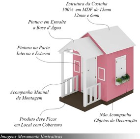 Casinha de Brinquedo MDF com Varanda Artesanal Branco/Rosa L12 - Gran Belo