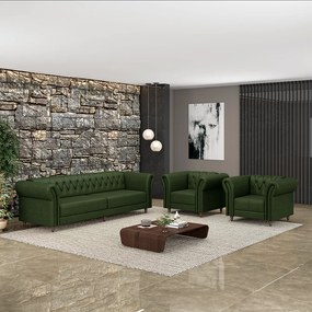 Conjunto Sala de Estar 1 Sofá Living 260cm e 2 Poltronas Stanford Chesterfield Pés Madeira Couro Verde Manchado G58 - Gran Belo