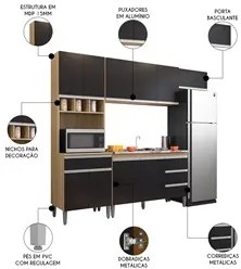 Cozinha Modulada 4 Peças Balcão com Pia 120cm Andréia Amêndoa/Preto -