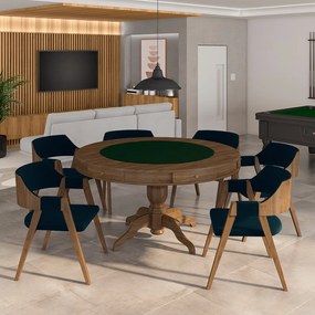 Conjunto Mesa de Jogos Carteado Bellagio Tampo Reversível e 6 Cadeiras Madeira Poker Base Estrela Veludo Azul Marinho/Nogueira G42 - Gran Belo